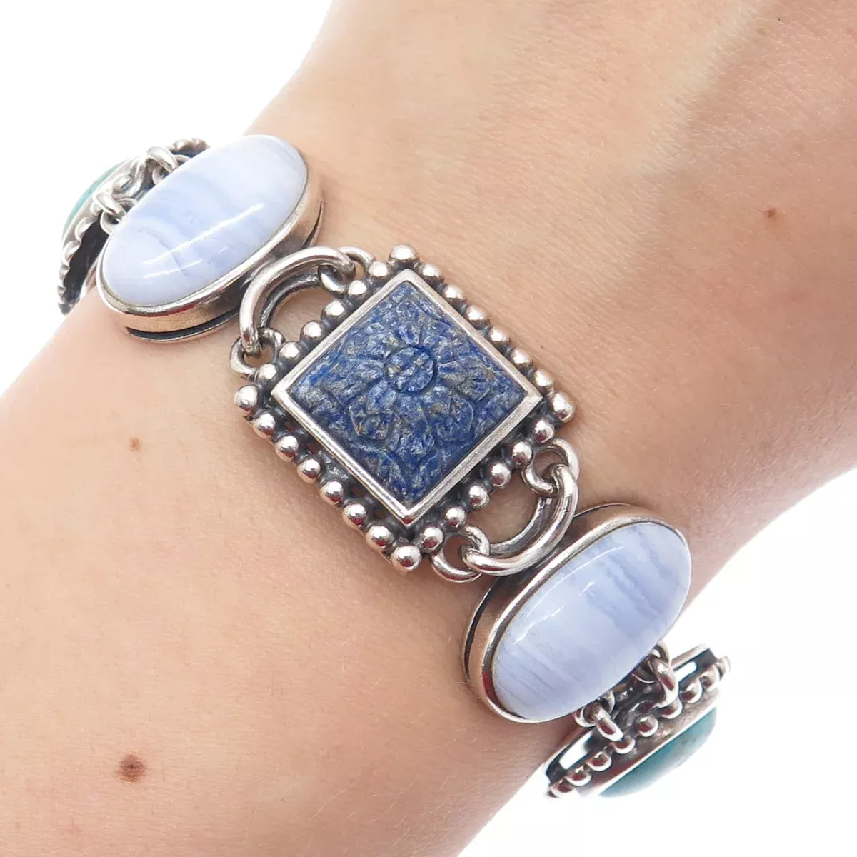 WHITNEY KELLY 925 Sterling Vintage Real Agate Lapis Turquoise MOP Bracelet 7.5