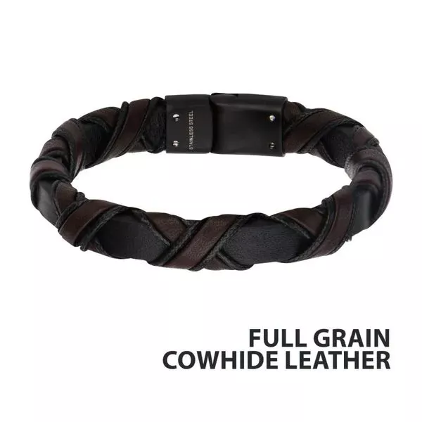 Woven Black & Dark Brown Full Grain Cowhide Leather Bracelet with Black IP Clasp