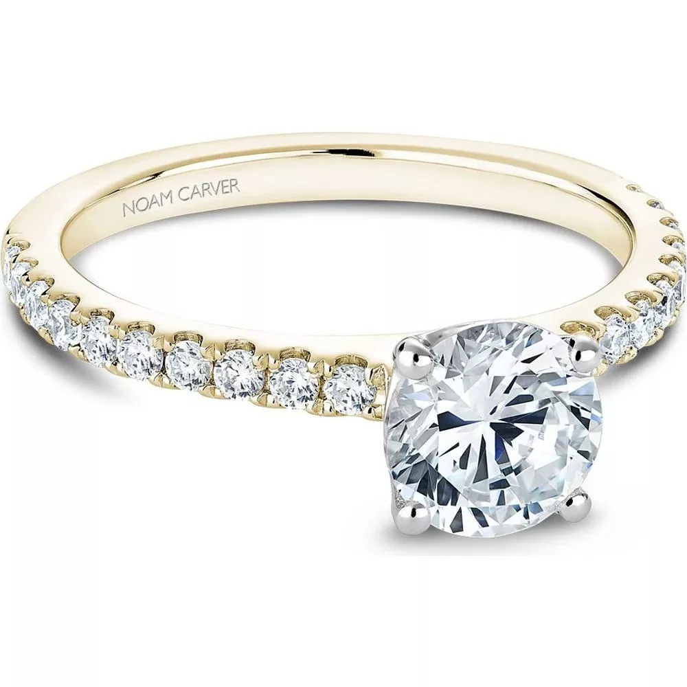 Yellow Gold and White Gold Round Cut Diamond Engagement Ring with Pavé Band by Noam Carver - Choose Your Center Diamond: 1 to 5 Carats, Sustainable Lab-Grown or Natural Earth-Mined