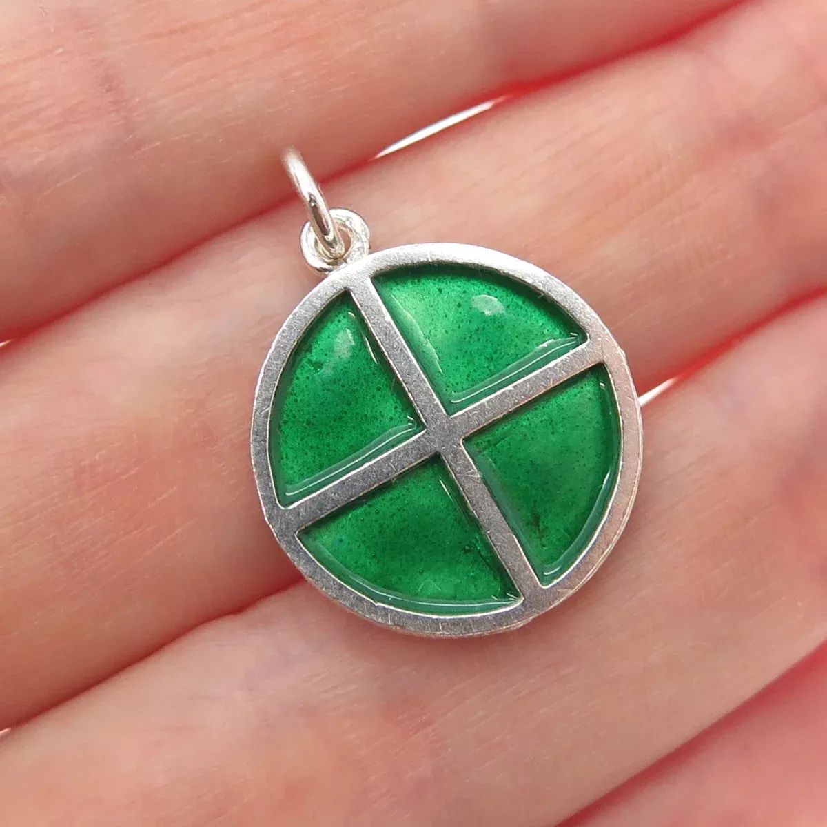 ZUMAN 925 Sterling Silver Vintage Israel Green Enamel Cross Charm Pendant