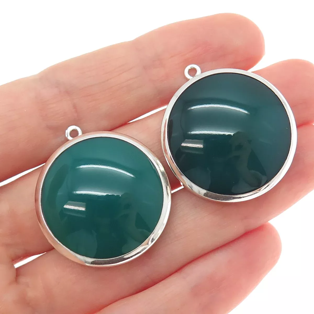 ZUMAN 925 Sterling Silver Vintage Israel Real Green Onyx Jacket Earrings